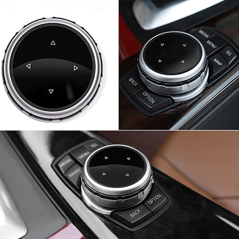Xotic Tech 1 Set Multimedia Knob Controller Wheel Replacement Cover w/Two Different Style Button Stickers for BMW 1 3 5 Series X1 X 3 X5 X 6 iDrive (Silver) Silver - LeoForward Australia
