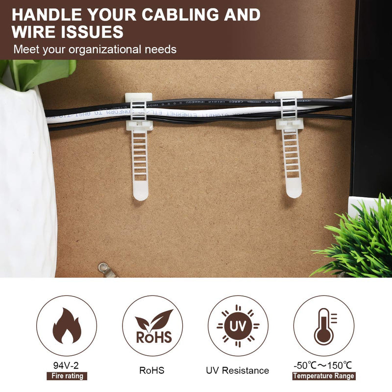  [AUSTRALIA] - Adhesive Cable Management Clips, 50Pcs Adjustable Nylon Cable Strap Ties Wire Clips Clamps Organizer with Strong Adhesive Tape, Extra Screw & Hole for Strong Fixation Home Office - 3.35 Inch White S - 50pcs