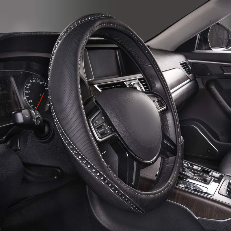  [AUSTRALIA] - CAR PASS Pretty Rhinestone Leather Universal Steering Wheel Cover,Fit for Car, Suvs,Sedans,Truck,Anti-Slip Design (Black with Silver) black with silver