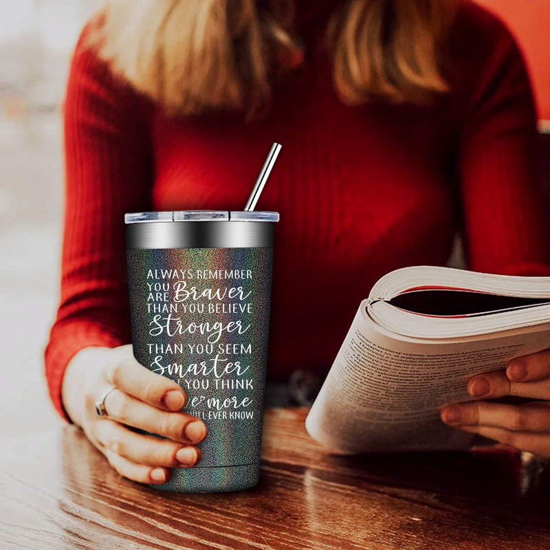  [AUSTRALIA] - Inspirational Tumbler Gift - Gifts for Women, Men, Always Remember You Are Braver Than You Believe, Stronger, Thank You Gifts for Women, Coworker, Friends, Sister, Employee, Daughter, Teenage Girls Glitter Charcoal