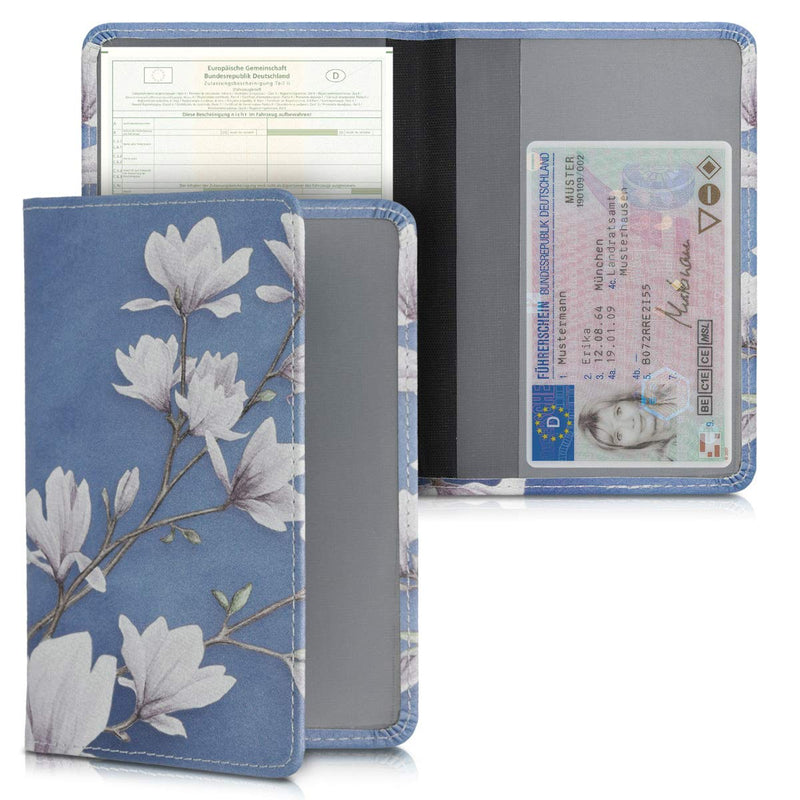  [AUSTRALIA] - kwmobile Registration and Insurance Holder - Car Document Holder for Vehicle Documents and Cards - PU Leather with Design - Magnolias Taupe/White/Blue Grey