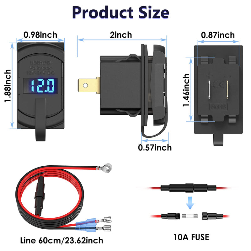  [AUSTRALIA] - [2022 New] USB C Car Charger Socket Rocker Style Switch Replacement, Dual PD and QC3.0 12V/24V Panel Mount USB Outlet with LED Voltmeter for Boat Marine Truck Bus Off Road Vehicles RV Golf Cart, etc.