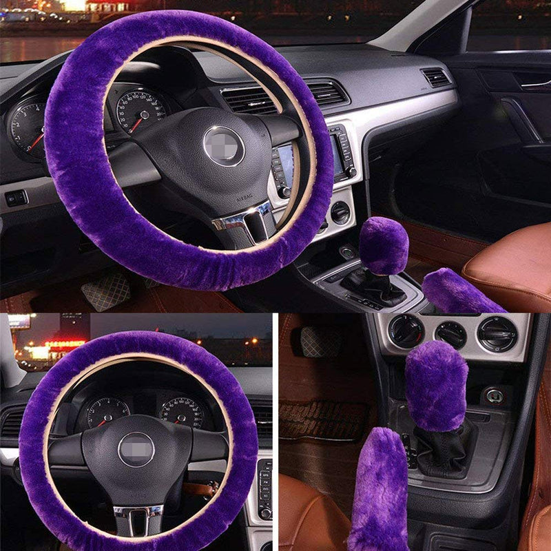  [AUSTRALIA] - zzxswc Faux Fuzzy Steering Wheel Cover with Handbrake Cover & Gear Shift Cover Set 3 Pcs Anti-Slip Car Steering Wheel Cushion Protector (Purple) Purple