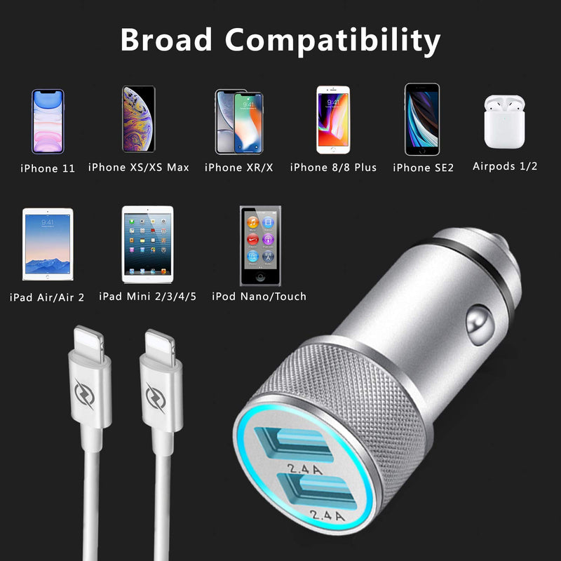 TIKALONG Car Charger Compatible with iPhone 11/12 /XR/XS/X/Pro Max 8/7/6/6S Plus 5S/5C/SE2, iPad Air Mini Pro (2.4A Dual Port USB Car Charger with 2X 3ft Charging Cable) (3in1 Pack) - LeoForward Australia