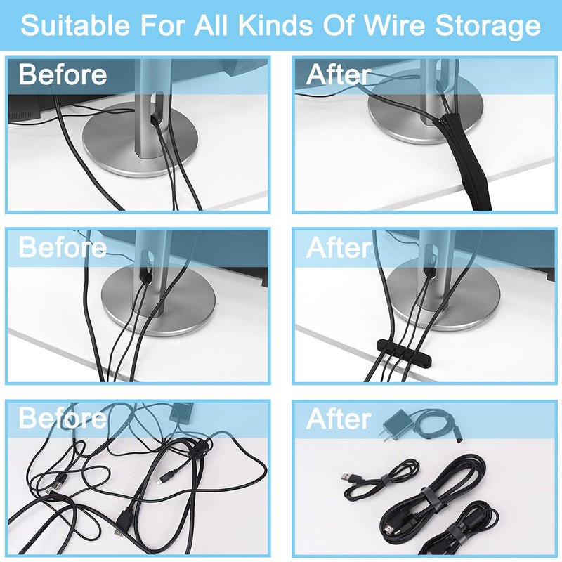  [AUSTRALIA] - 226pcs Cord Management Organizer Kit 4 Cable Sleeve with Zipper, 10 Self Adhesive Cable Clip Holder,10pcs and 2 Roll Self Adhesive tie and 200 Fastening Cable Ties for TV Office Home etc (Black)