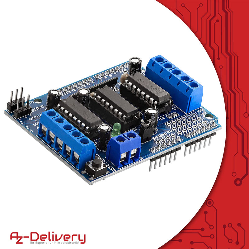  [AUSTRALIA] - AZDelivery 5 x L293D Motor Driver Shield, 4-channel motor driver shield, stepper motor driver, stepper expansion board compatible with Arduino including e-book!