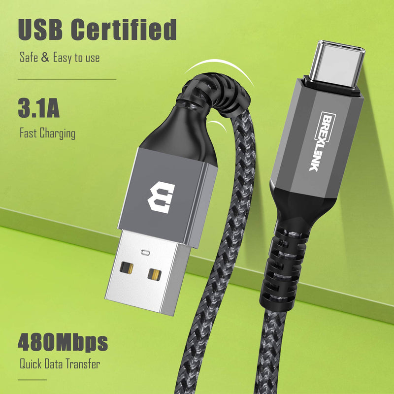  [AUSTRALIA] - BrexLink USB C Cable, Type C Charger USB 3A Charging Cable Fast Charge for Samsung Galaxy Note 22 Plus Ultra S21 S9 S8, Moto G7 G8, Other USB Type c Charger… (3ft+3ft, Grey) 3ft+3ft