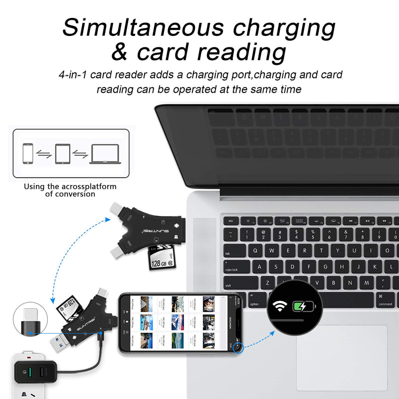 SD Card Reader for iPhone / ipad / Android / Mac / Computer / Camera,4 in1 Micro SD Card Reader Trail Camera Viewer, Portable Memory Card Reader SD Card Adapter Compatible with SD and TF Cards(Black) black - LeoForward Australia