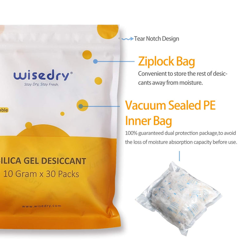  [AUSTRALIA] - wisedry 10 Gram [30 Packs] Silica Gel Desiccant Packets Reusable for Moisture with Color Indicating Rechargeable Small Dessicant Packs Food Grade
