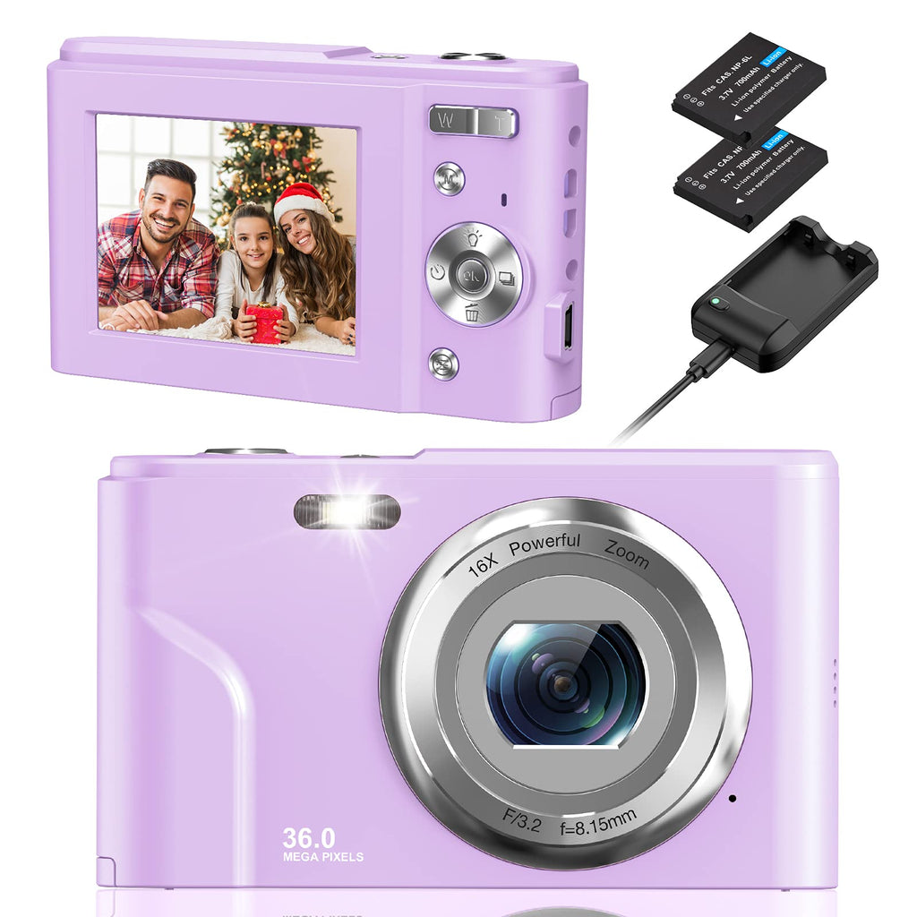  [AUSTRALIA] - Digital Camera, NEZINI 2 Charging Mode Mini Kids Camera, Full HD 1080P 36MP 2.4 Inch LCD Vlogging Camera for Kids, 16X Zoom Compact Pocket Camera Point and Shoot Camera for Kids Beginners (Purple) Purple