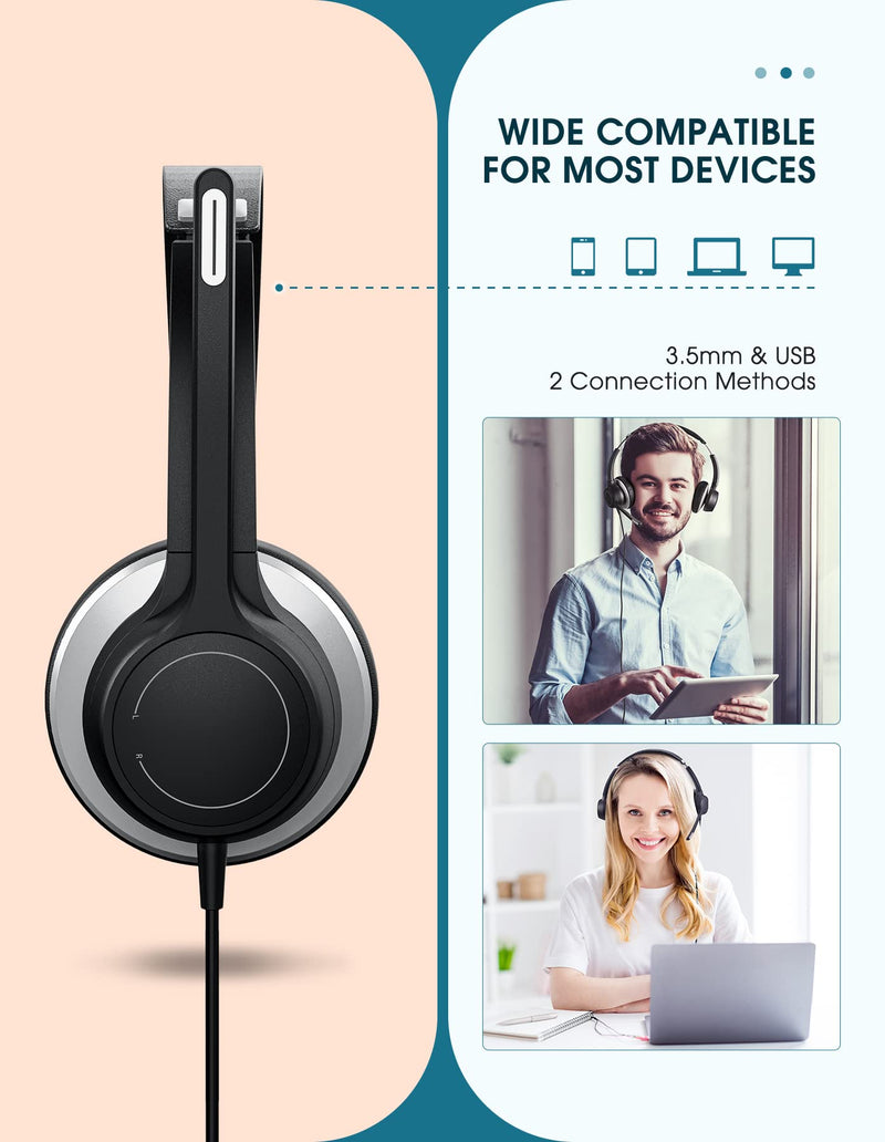  [AUSTRALIA] - 3.5mm/USB Headset with Microphone for PC, Computer Headset with Microphone for Laptop, 2.9m Length Business Headphone with Microphone Mute, Volume Control, Sidetone for VoIP Call Center Office