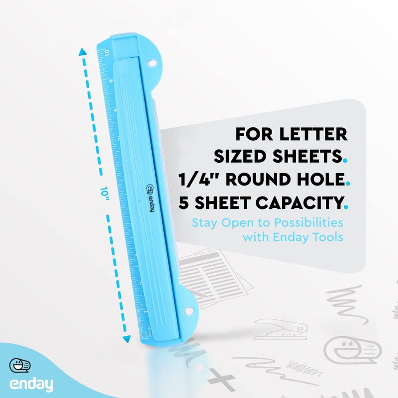  [AUSTRALIA] - 3 Hole Punch Blue, Portable Hole Puncher for 3 Ring Binder, 5 Sheets Capacity, Removable Chip Tray, 10” Ruler for School, Office, Also Available in Purple, Pink, Green, Red, Grey, 1 Pc-by Enday