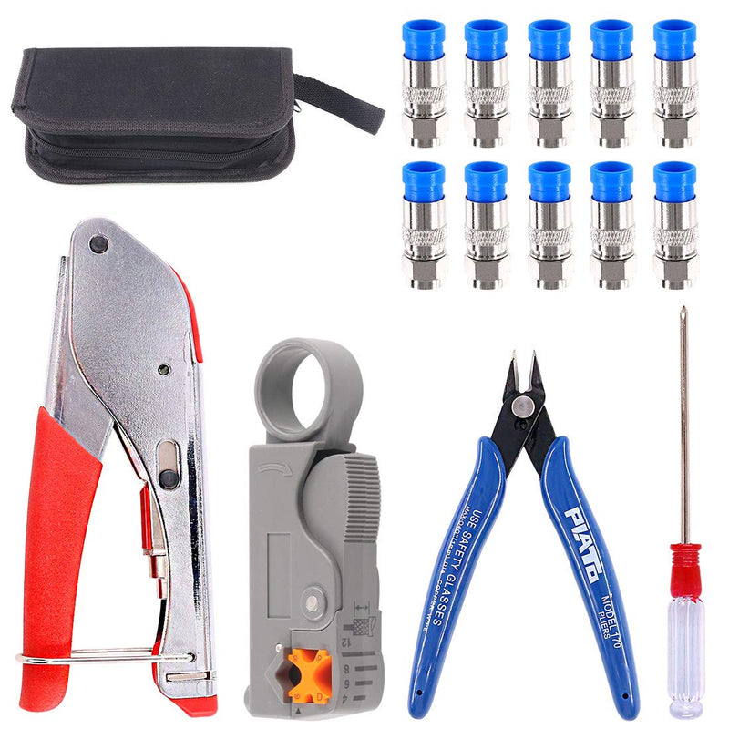  [AUSTRALIA] - Glarks Coax Cable Crimper Tool Kit, RG6 RG59 Coaxial Compression Crimping Tool Double Blades Cable Stripper and Wire Cable Cutter with 10pcs F Compression Connector for Cable TV Video Audio
