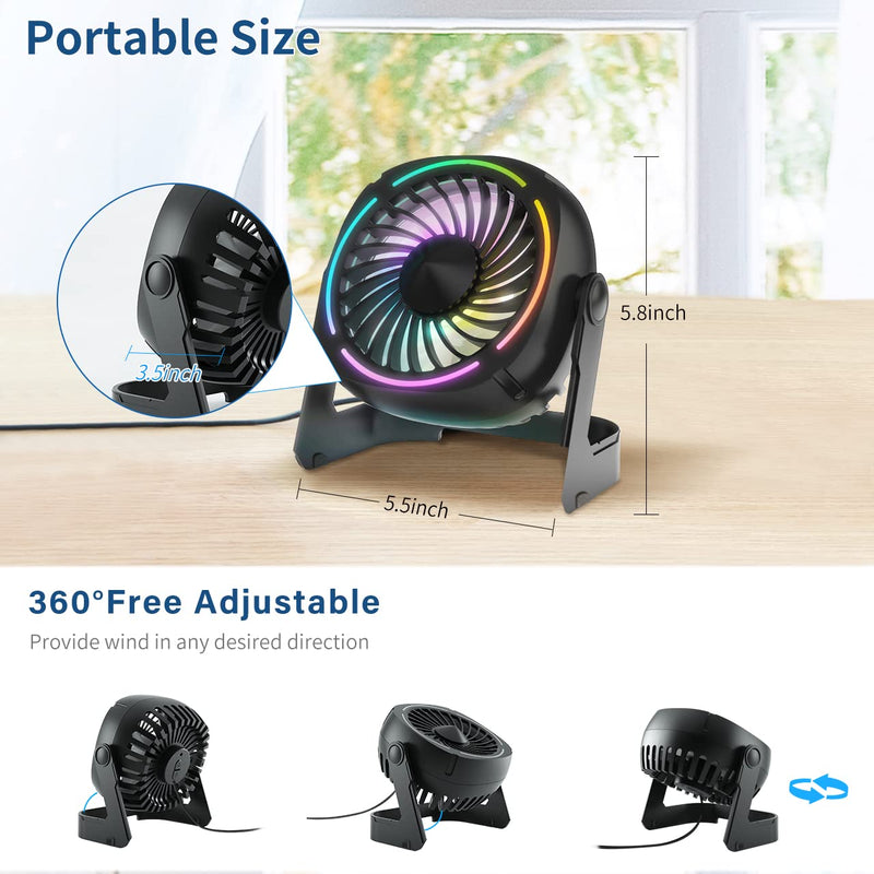  [AUSTRALIA] - Punoge Small USB Desk Fan - 5.3 Inch Portable Table Fan with 3 Levels Air Flow, 8 Color LED Lights, 360° Rotation, Quiet Mini Personal Fan for Home Office Desktop