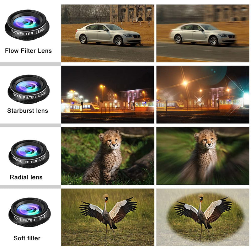  [AUSTRALIA] - Phone Camera Lens Kit, 11 in 1 Cellphone Lens Kit for iPhone and Android, 0.63X Wide Angle+15X Macro+ 198°Fisheye+Telephoto+CPL/Flow/Radial/Star/Soft Filter+Kaleidoscope Lens 11 in 1 Lens Kit