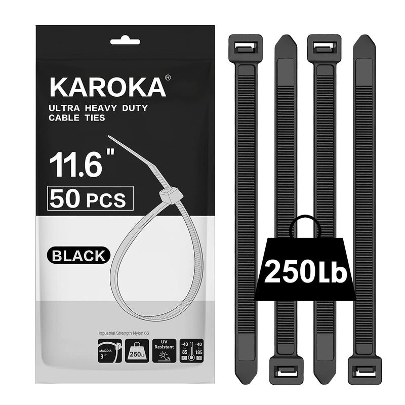  [AUSTRALIA] - Industrial Zip Ties Heavy Duty with 250 lbs Tensile Strength, 11.6 inch, Electrical Cable Ties Heavy Duty, 50 Pieces, Wide and Thick Zip Ties, by Karoka 11.6" 250 lb 50Pack