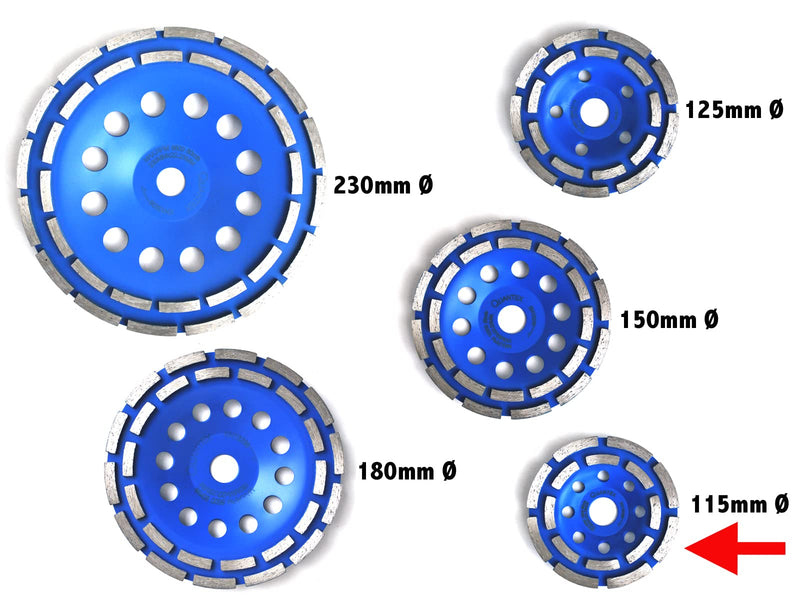  [AUSTRALIA] - QUANTEX diamond cup wheel 115mm. Diamond grinding disc double row with 22.23mm standard bore suitable for all angle grinders, concrete milling machines etc. Universal for concrete, natural stone, screed