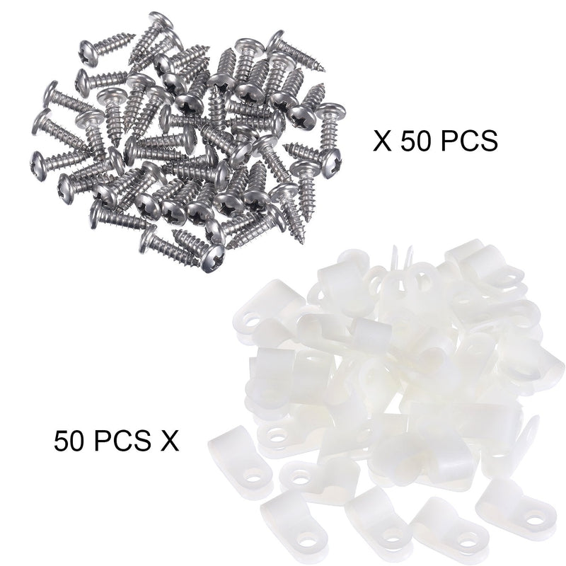  [AUSTRALIA] - Hicarer 50 Pack R-Type Cable Clip Wire Clamp, Nylon Screw Mounting Cord Fastener Clips with 50 Pack Screws for Wire Management (1/4 Inch) 1/ 4 Inch