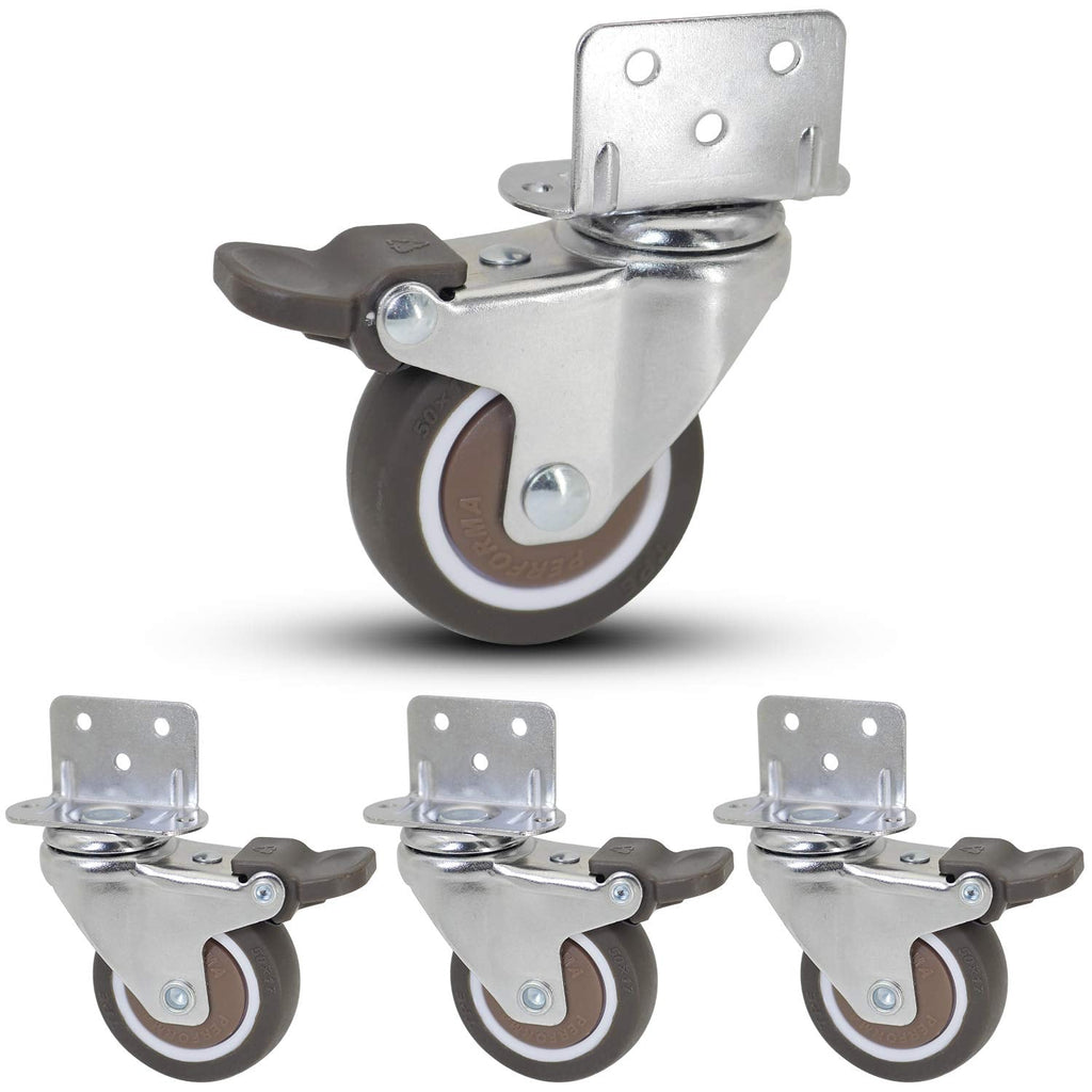  [AUSTRALIA] - Casoter 2"(50mm) L-Clip Plate Swivel Caster w/Brake, 5 Holes L-Clip Side Mount Plate for Narrow Install Place, TPE Rubber Wheel Move Silent Smooth Sturdy, 4 Pack Total Load Capacity 190Lbs/87Kg Swivel w/ Brake