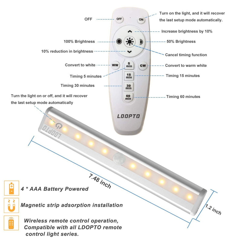  [AUSTRALIA] - Battery Operated Lights Wireless Under Cabinet Lights with Remote Control LDOPTO Dimmable 10-LED Closet Light Battery Powered Stick On Lights with Timing and Touch Switch for Kitchen Stairs 1 Pack 1-Pack