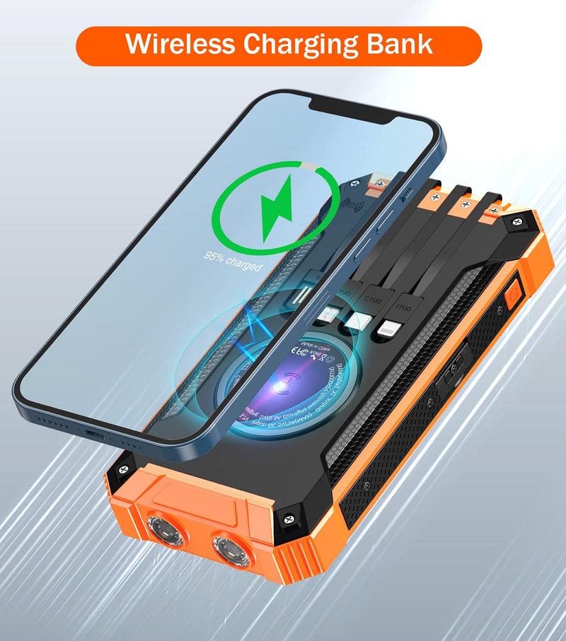  [AUSTRALIA] - Solar Power Bank 36000mAh Built-in 4 Cables Qi Wireless Charger with Dual LED Flashlight Solar Portable External Battery IPX4 Waterproof 15W 5V/3A USB C Port Six Outputs Three Inputs(Orange) Orange