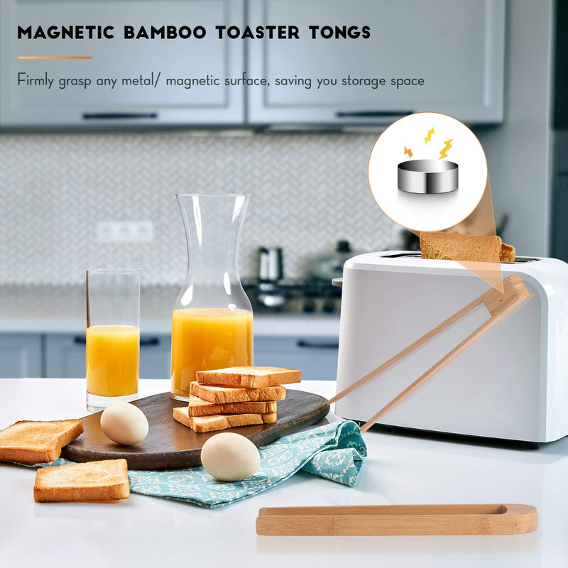  [AUSTRALIA] - 2 Pieces Magnetic Bamboo Toaster Tongs 8.7 Inch Wooden Kitchen Toast Tongs for Cooking, Natural Bamboo Kitchen Utensils Suitable for Bagel, Toast, Cake, Bacon, Muffin, Bread