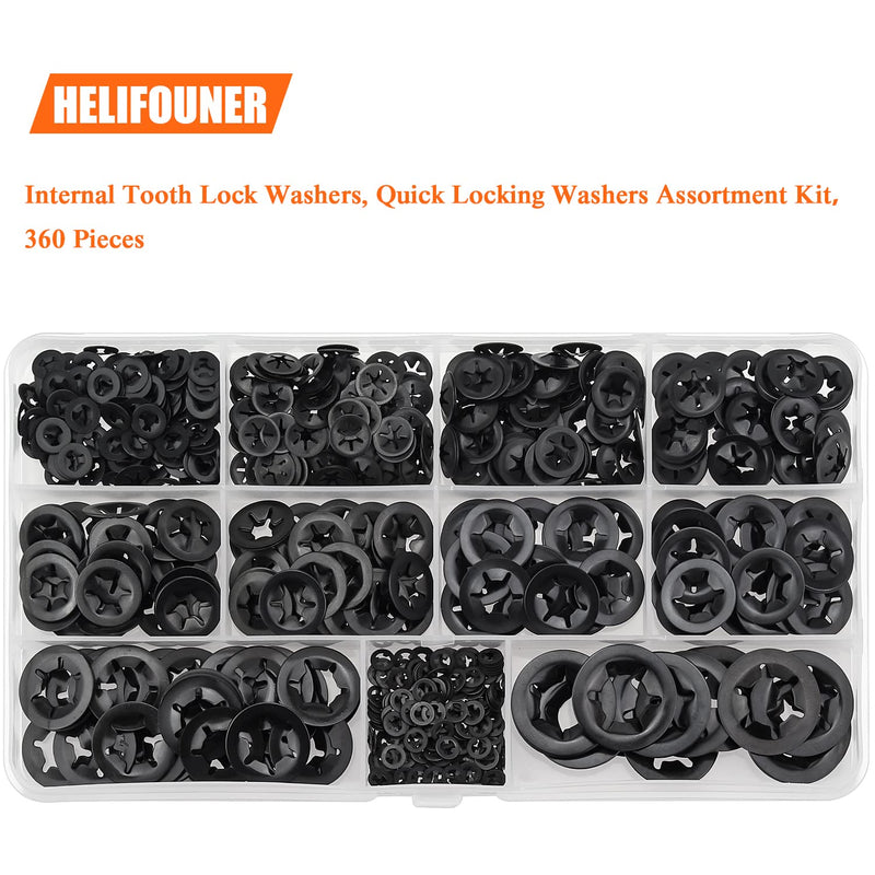  [AUSTRALIA] - HELIFOUNER 360 Pieces 9 Sizes Internal Tooth Star Lock Washers, Quick Speed Locking Washers, Push Nuts, Speed Clips Retaining Clips Fasteners Assortment Kit