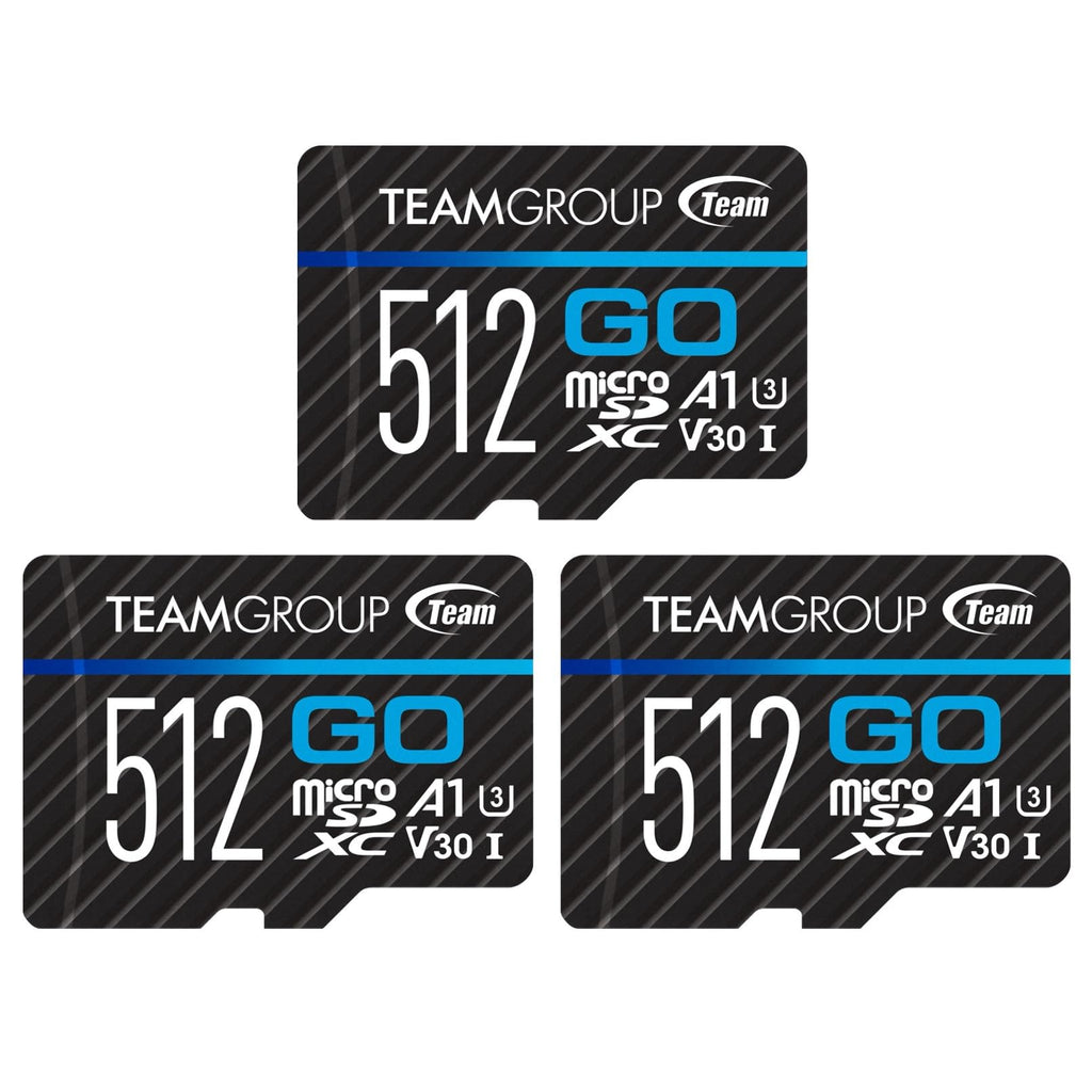  [AUSTRALIA] - TEAMGROUP GO Card 512GB 3 Pack Micro SDXC UHS-I U3 V30 4K for GoPro & Drone & Action Cameras High Speed Flash Memory Card with Adapter for Outdoor, Sports, 4K Shooting, Nintendo-Switch TGUSDX512GU362 512GB (3pack)
