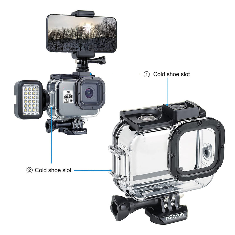  [AUSTRALIA] - SOONSUN Waterproof Housing Case for GoPro Hero 8 Black, Built-in Dual Cold Shoe Slots and Includes 2 Clod Shoe Mount Adapters, 196 Ft Underwater Protective Diving Housing Case for GoPro Hero8 Black Waterproof Housing for HERO8 Black