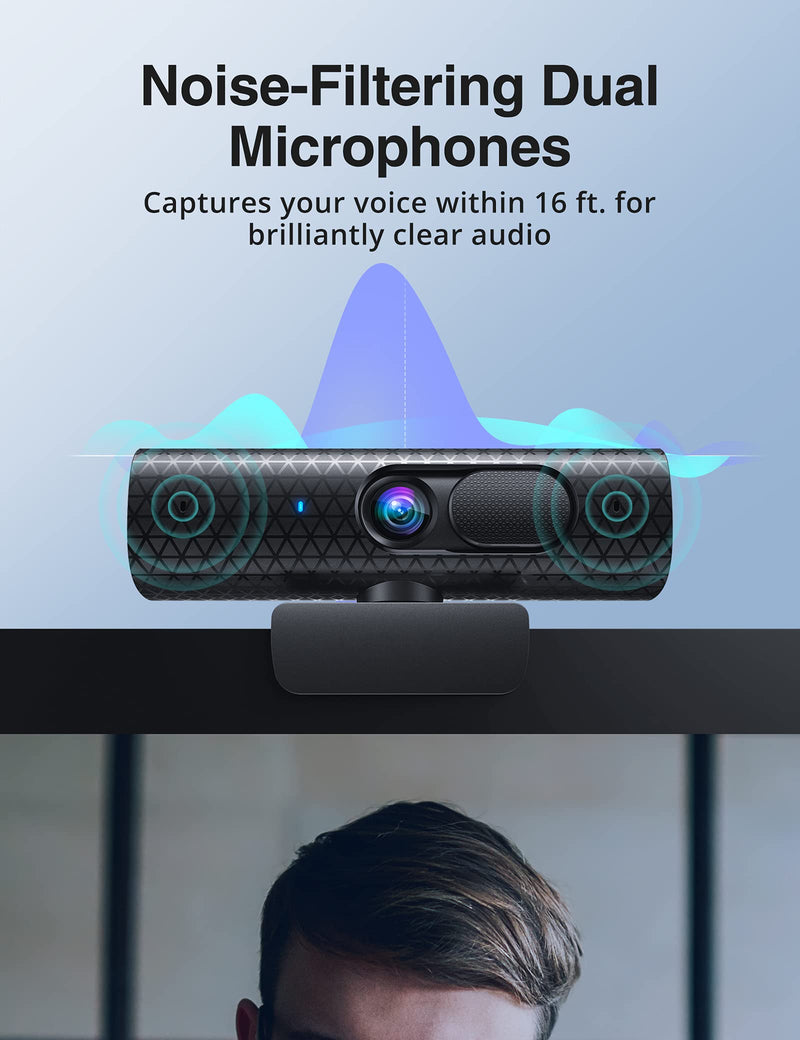  [AUSTRALIA] - 2K Webcam with Dual Microphones, FHD 1080P/60fps Web Camera, Autofocus, 4X Digital Zoom, USB 2.0 Streaming Webcam with Tripod and Cover Slide for PC, Laptop, Mac, Zoom, Skype, YouTube