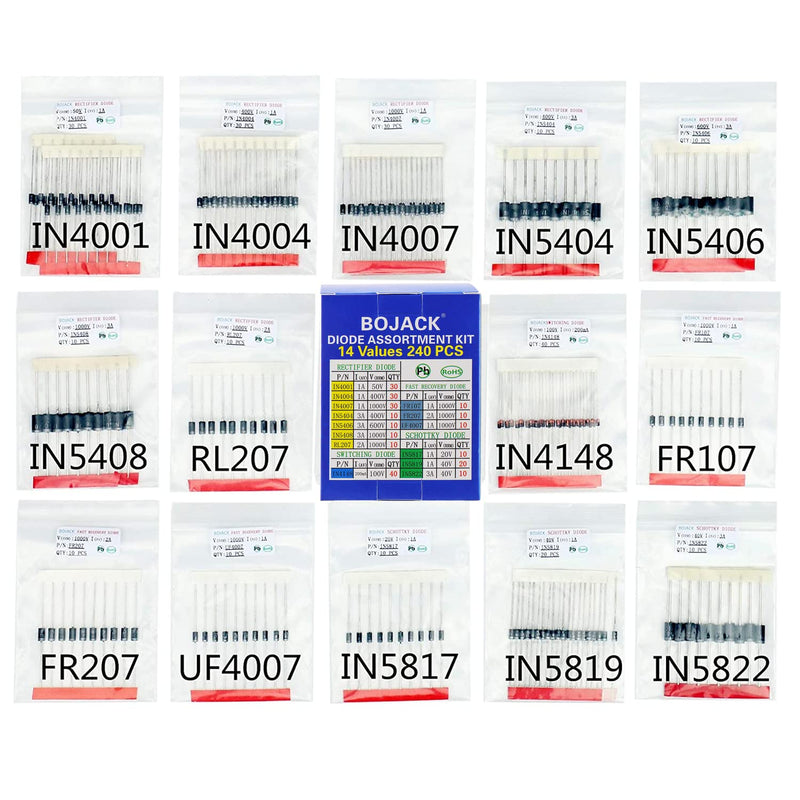  [AUSTRALIA] - BOJACK 14 Value 240 pcs Diode Assortment Kit Contain Rectifier/Fast Recovery/Schottky/Switching Diode 1N4001 1N4004 1N4007 1N5404 1N5406 1N5408 RL207 FR107 FR207 UF4007 1N5817 1N5819 1N5822 1N4148