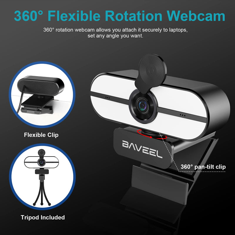  [AUSTRALIA] - 2k QHD Webcam with Microphone,BAVEEL Auto Light Correction 360°Rotating Mac Webcam with Adjustable Ring Light,Plug and Play,Tripod,110°Wide-Angle Webcams for Skype, Live Streaming,OnlineLearning Deep Black