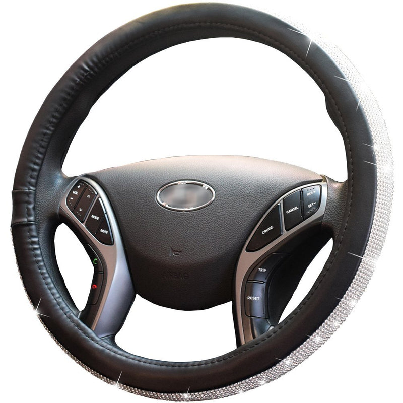  [AUSTRALIA] - FEENM Steering Wheel Cover Bling Bling Rhinestones Crystals Car Handcraft Steering Wheel Covers Leather for Girls Silver