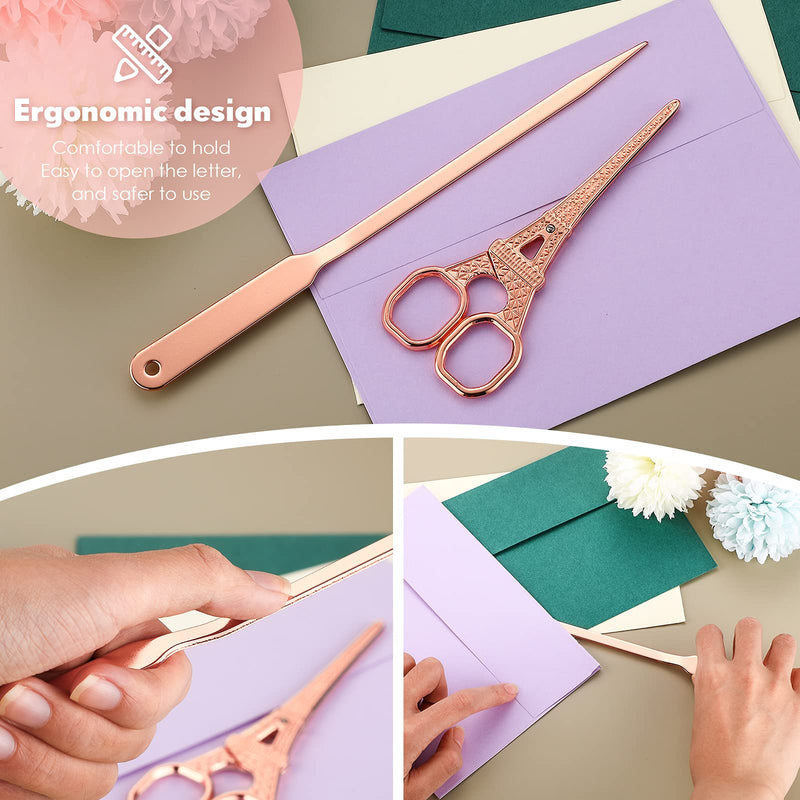  [AUSTRALIA] - 3 Pieces Scissors and Letter Opener Set Include 1 Pieces Metal Envelope Opener Slitter and 2 Pieces Eiffel Tower Embroidery Scissors Craft Scissors for Office Home School Supplies (Rose Gold) Rose Gold