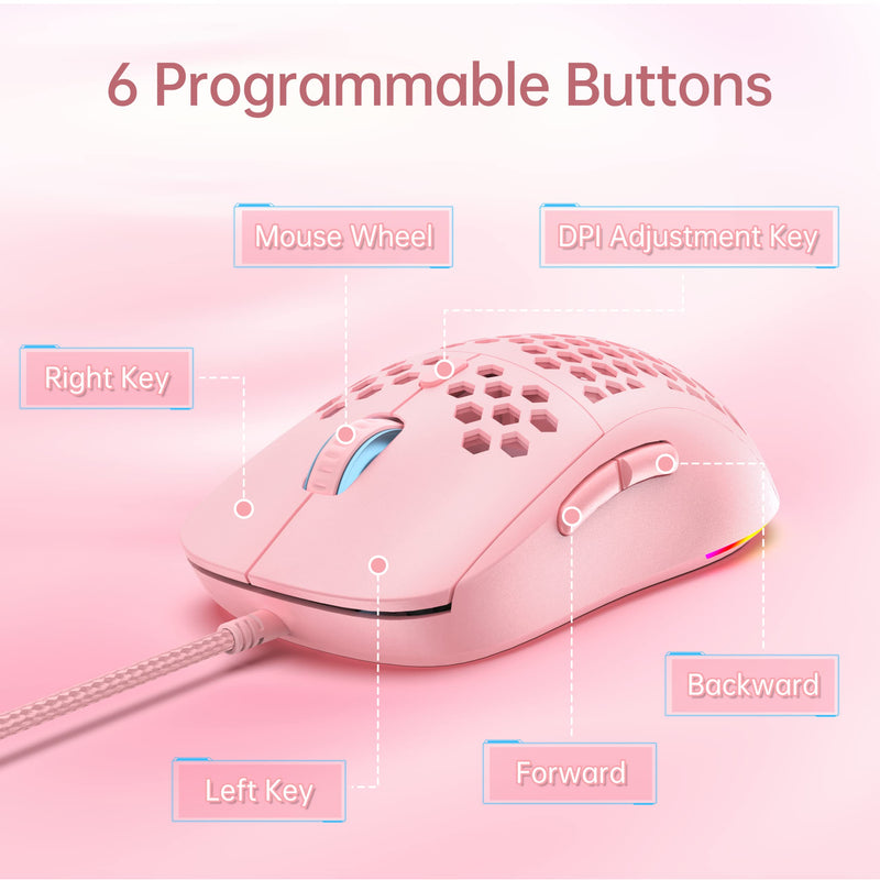  [AUSTRALIA] - DIERYA Gaming Mouse, 12800DPI Optical Sensor, 6 Programmable Buttons, Customizable RGB Pink Honeycomb Mouse, Drag-Free Paracord Wired Mouse, Ergonomic Design Computer Mouse for Windows PC Gamers