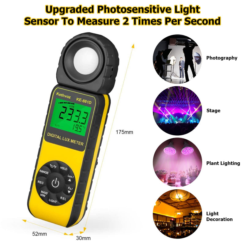  [AUSTRALIA] - Light Meter Foot Candle Lumen Tester, Kethvoz Digital Luxometro Measure Lighting Luminosity Brightness 0.1~400,000 Lux for Photography LED Plant Grow Light Aquarium KE-881D