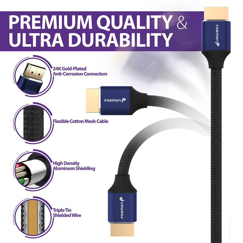  [AUSTRALIA] - Fosmon HDMI 2.0 Cable 4K@60Hz 1ft 2-Pack, Premium Certified in-Wall CL3 Rated, 18Gbps Super High Speed, HDR, HDCP 2.2/1.4, 3D, ARC, 30AWG Cotton Braided Compatible with UHD TV, Monitor, PS4/PS5, Xbox