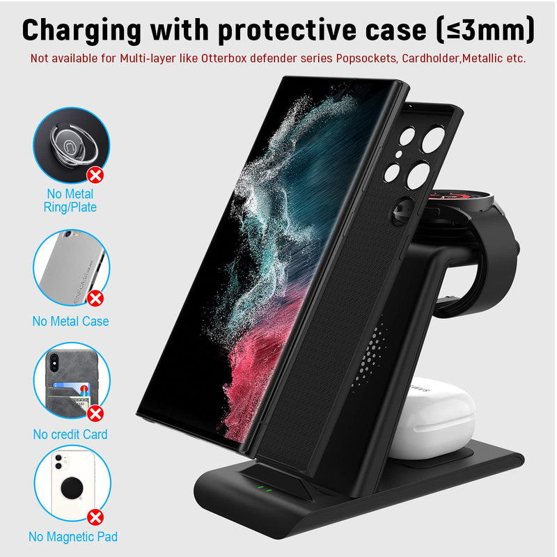  [AUSTRALIA] - Wireless Charging Station for Samsung,3 in 1 Wireless Charger for Galaxy Watch 5/4 Active 2/1 Galaxy S22/S22 Ultra/S21/S20/S10/Note 20/10/9/Z Flip 4/3 Fold 4/3 Galaxy Buds 2/2 Pro/Live Multiple Device Black