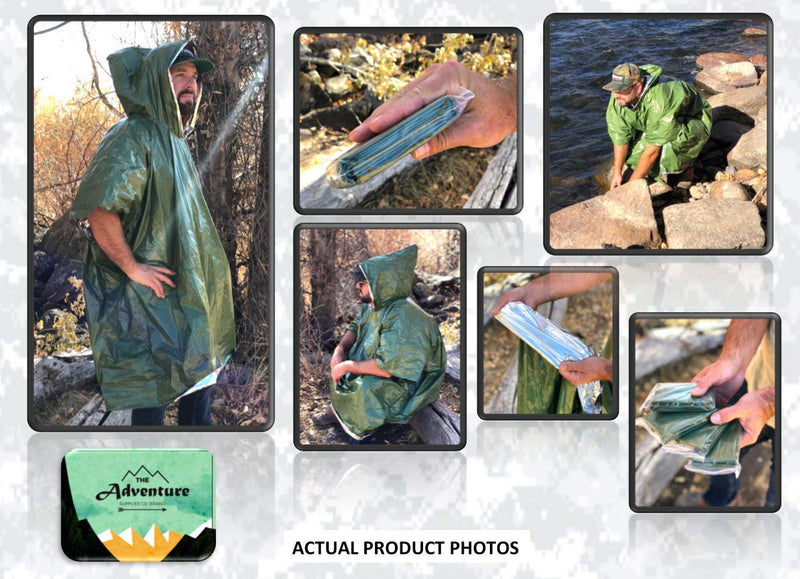  [AUSTRALIA] - Emergency Blanket & Rain Poncho - 4 Pack, Mylar Thermal Survival gear for heat retention - Lightweight - Army Green - Adventure Supply Co.