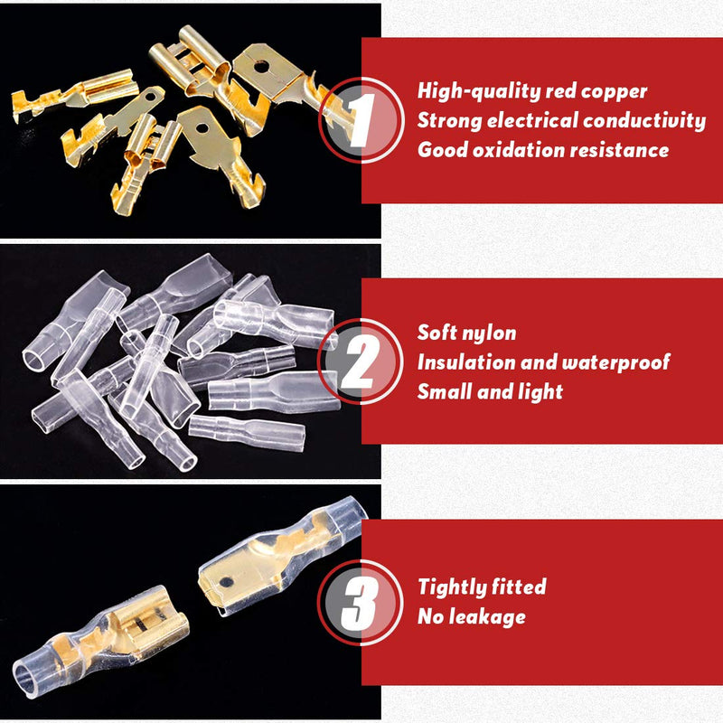 [AUSTRALIA] - Hilitchi 720Pcs Gold Quick Splice Male and Female Wire Spade Connector Wire Crimp Terminal Block with Insulating Sleeve for Electrical Wiring Car Audio Speaker, 2.8mm 4.8mm 6.3mm Assortment Kit