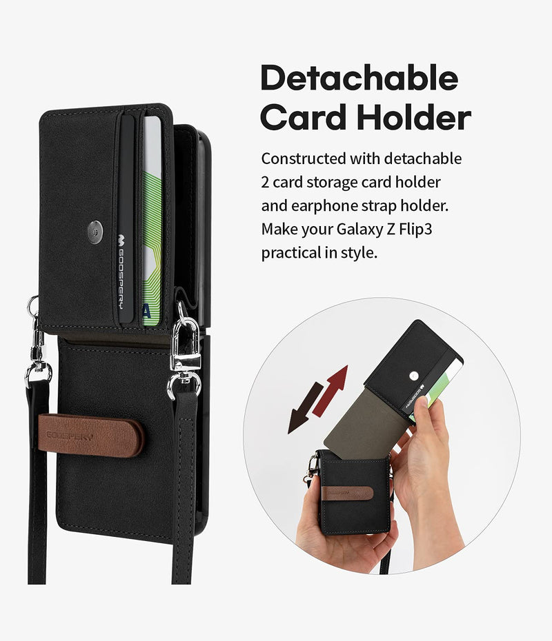  [AUSTRALIA] - Goospery Wallet Case Compatible with Galaxy Z Flip 3, Detachable Card Holder 2 Card Pocket Storage Premium PU Leather Adjustable Cross-Body Strap Attached Earbud Cord Organizer (Black) ZFLP3-DAR-BK Black