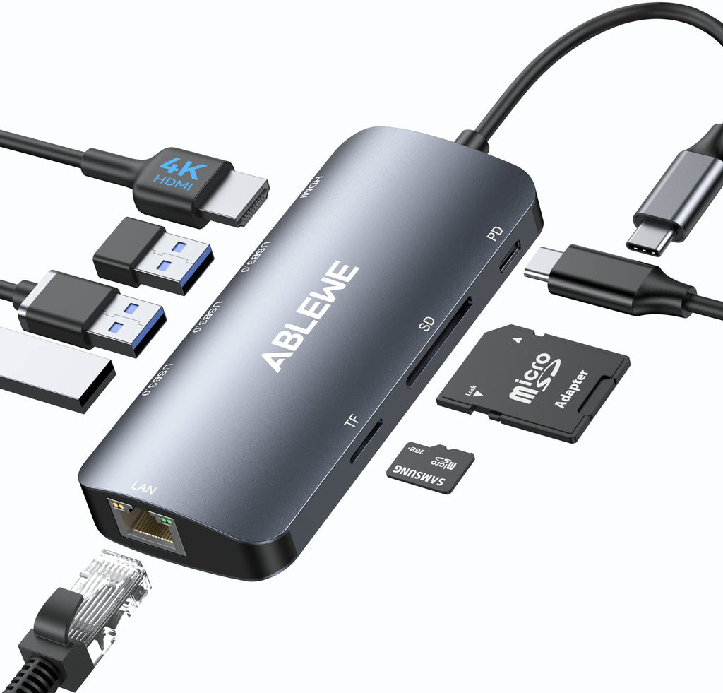  [AUSTRALIA] - USB C Hub Multiport Adapter, ABLEWE 8-in-1 USB-C Hub with 4K@60Hz HDMI, 1Gbps Ethernet, 100W PD, SD/TF Card Reader, 3 USB 3.0 Ports Docking Station Compatible for MacBook Pro/Air/iPad Pro/XPS