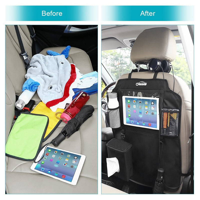  [AUSTRALIA] - Oasser Kick Mats Car Seat Back Protectors Back of Seat Organizers 2 Pack XL with 1 Tissue Box Clear 10 inches Ipad Holder 3 Large Storage Organizers