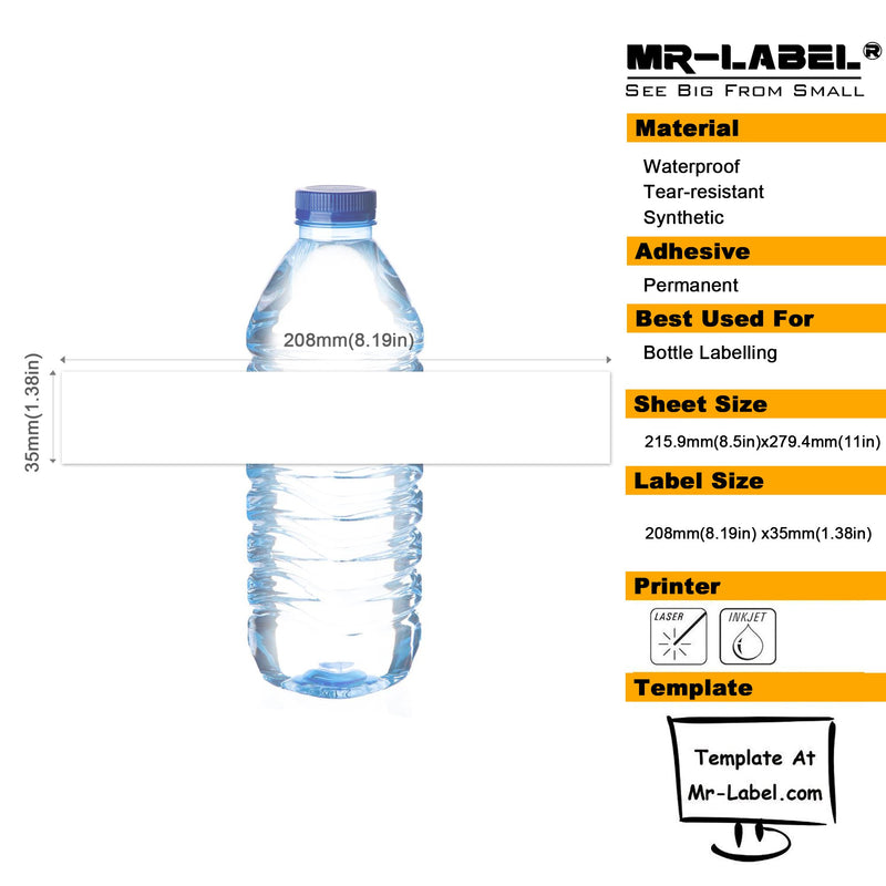 Mr-Label-Waterproof Blank Water Bottle Labels–for Inkjet|Laser Printer-Self-Adhesive Wraparound-for 16oz. Water Bottle-Matte White-for Wedding|Baby Shower|Corporate Events(10 Sheets Total 70 Labels) 10 Sheets Total 70 Labels - LeoForward Australia