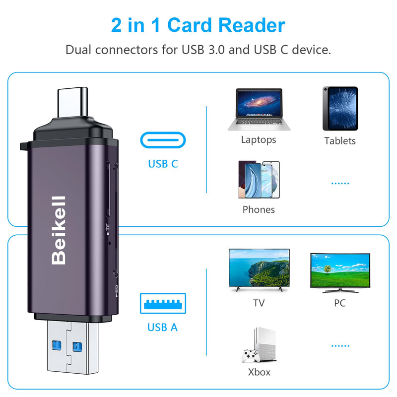  [AUSTRALIA] - SD Card Reader,Beikell Dual Connector USB 3.0/USB C Memory Card Reader Adapter -Supports SD/Micro SD/SDXC/SDHC/MMC/RS-MMC/UHS-I,Compatible with MacBook Pro,MacBook Air,iPad Pro,Galaxy S21-Dark Purple