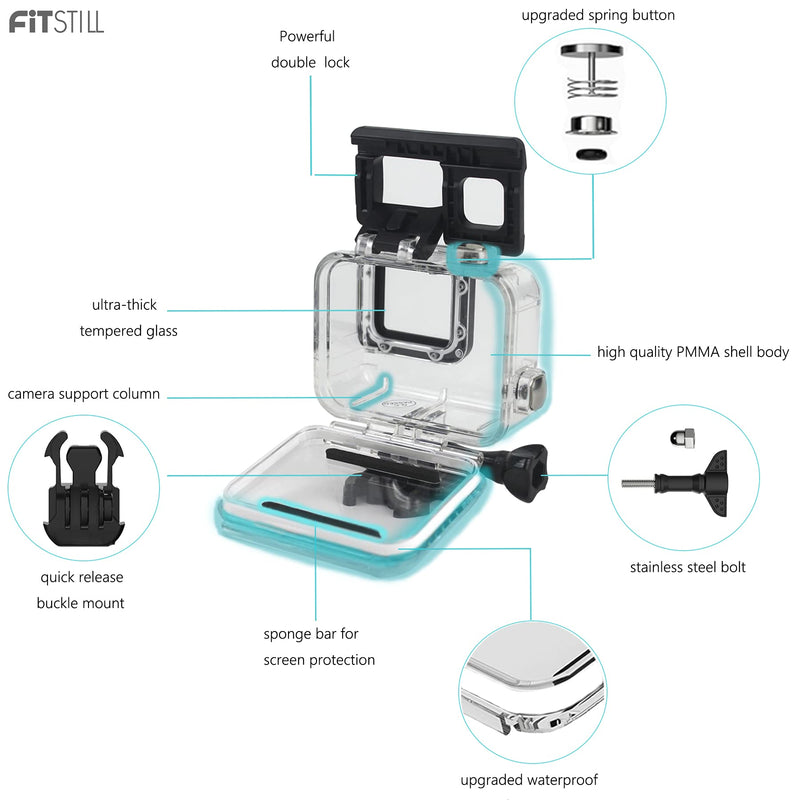  [AUSTRALIA] - FitStill Double Lock Waterproof Housing for GoPro Hero 2018/7/6/5 Black, Protective 45m Underwater Dive Case Shell with Bracket Accessories for Go Pro Hero7 Hero6 Hero5 Action Camera