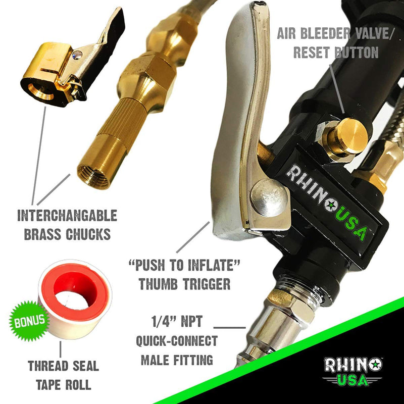 Rhino USA Tire Inflator with Pressure Gauge (0-100 PSI) - ANSI B40.1 Accurate, Large 2" Easy Read Glow Dial, Premium Braided Hose, Solid Brass Hardware, Best for Any Car, Truck, Motorcycle, RV… 100psi Analog - LeoForward Australia