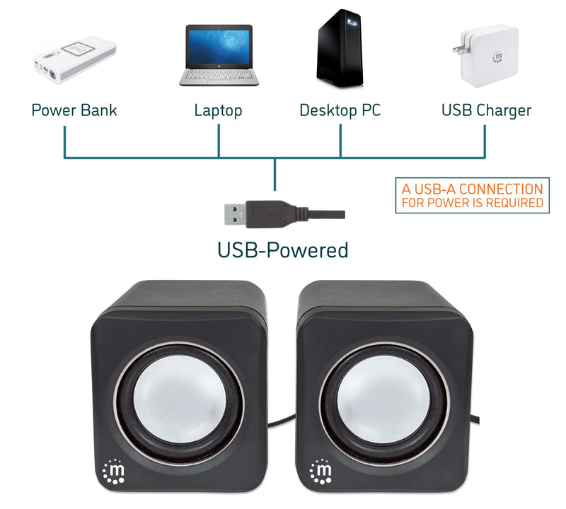  [AUSTRALIA] - Manhattan USB Powered Stereo Speaker System - Small Size - with Volume Control & 3.5 mm Audio Plug to Connect to Laptop, Notebook, Desktop, Computer - 3 Yr Mfg Warranty - Black Silver, 166898