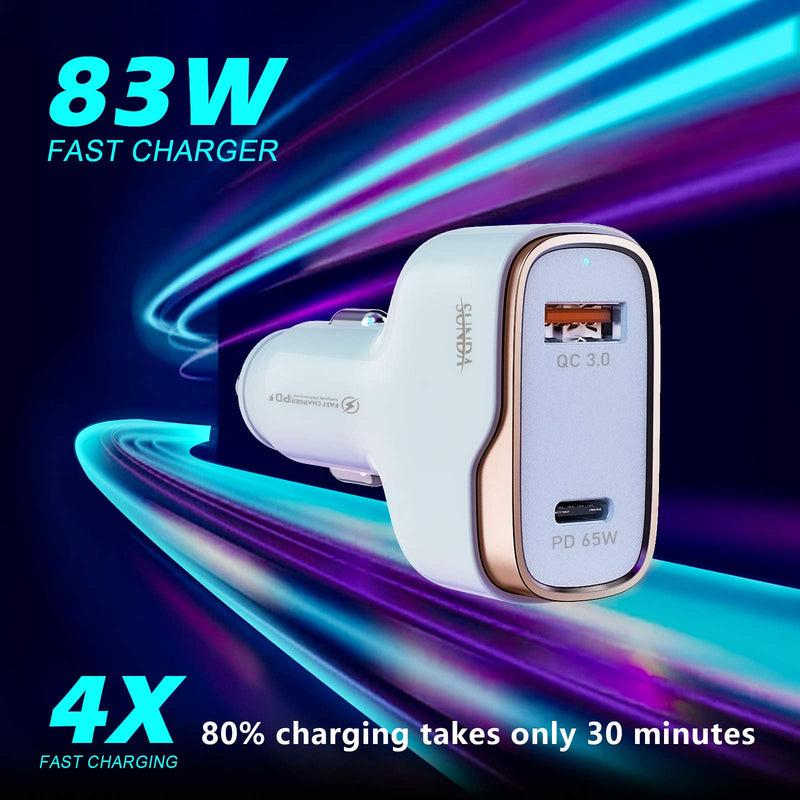 SUNDA 83W Dual Ports USB C Fast Car Charger, PD 65W Type C Phone Laptop Quick Charge Compatible with MacBook, ThinkPad, Samsung Galaxy12/11, iPhone12/12Pro/Max/12 Mini/iPhone11,18W QC3.0 for Android CC53-1A1C - LeoForward Australia