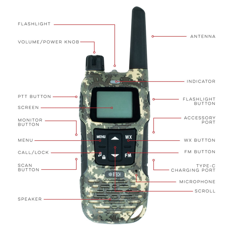  [AUSTRALIA] - BTECH FRS-A1 2 Pack FRS CAMO Walkie Talkies, NOAA, High Output Two-Way Radio. USB-C Charging, Built in Flashlight, FM Radio, NOAA, and More